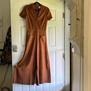ANTHROPOLOGIE MAEVE WRAPPED CULOTTE BROWN/RUST VERY FITTED JUMPSUIT SIZE 0